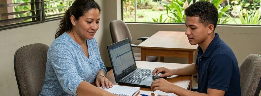 Escena ilustrativa de formación en Asistente Administrativo, en un entorno inspirado en Costa Rica