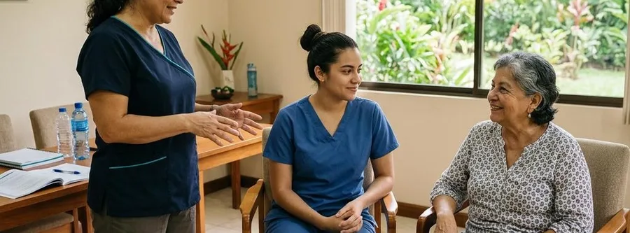 Escena ilustrativa de formación en Técnico en Asistente de Pacientes, en un entorno inspirado en Costa Rica