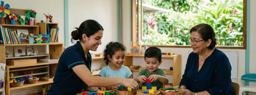 Escena ilustrativa de formación en Asistente Preescolar, en un entorno inspirado en Costa Rica