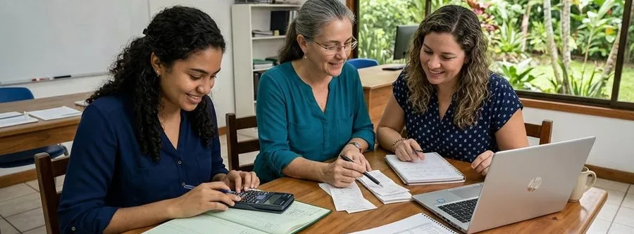 Escena ilustrativa de formación en Técnico en Auxiliar Contable, en un entorno inspirado en Costa Rica