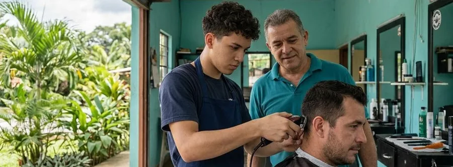 Escena ilustrativa de formación en Barbería, en un entorno inspirado en Costa Rica