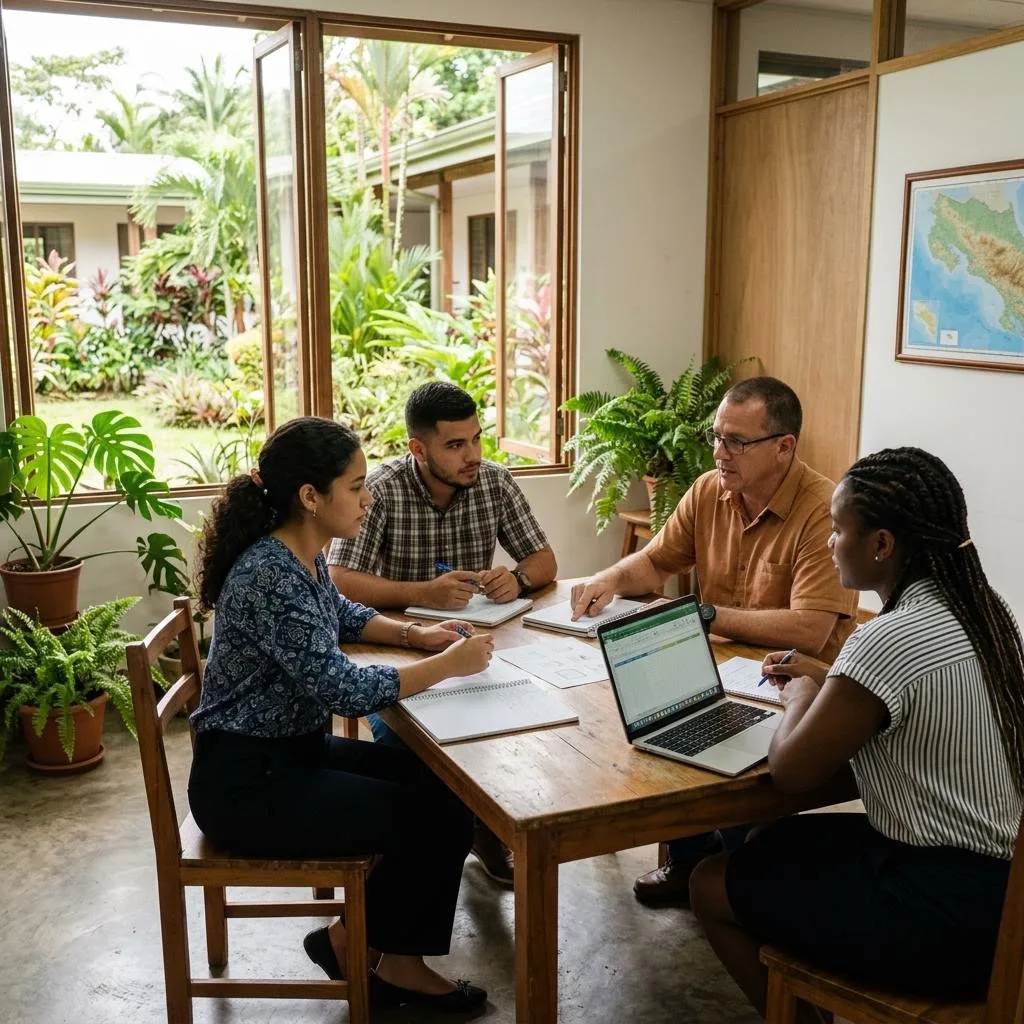 Escena ilustrativa de estudiantes e instructor planificando un negocio en un aula abierta a un patio tropical