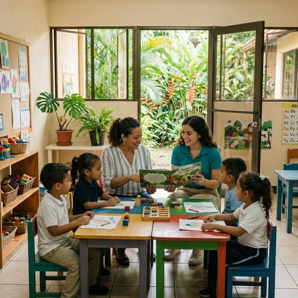 Escena ilustrativa de docentes leyendo con niños en un aula de preescolar con entorno tropical