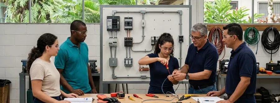 Escena ilustrativa de formación en Electricidad Residencial, en un entorno inspirado en Costa Rica