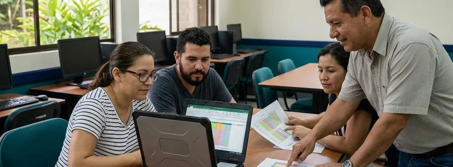 Escena ilustrativa de formación en Excel intermedio y Avanzado, en un entorno inspirado en Costa Rica