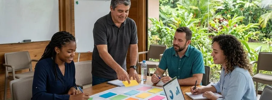 Escena ilustrativa de formación en Técnico en Gerencia Administrativa, en un entorno inspirado en Costa Rica