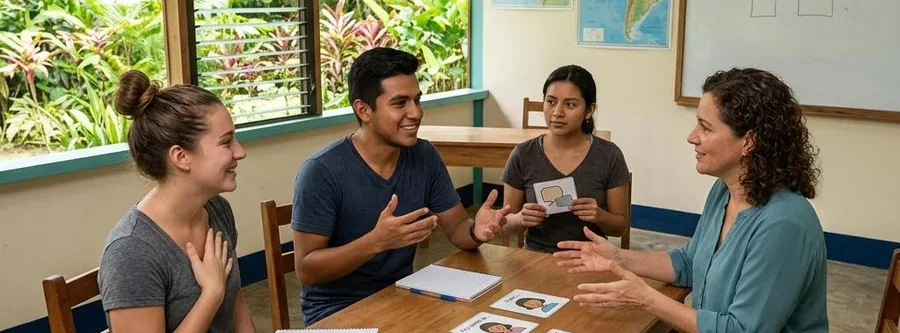 Escena ilustrativa de formación en Inglés Básico, en un entorno inspirado en Costa Rica