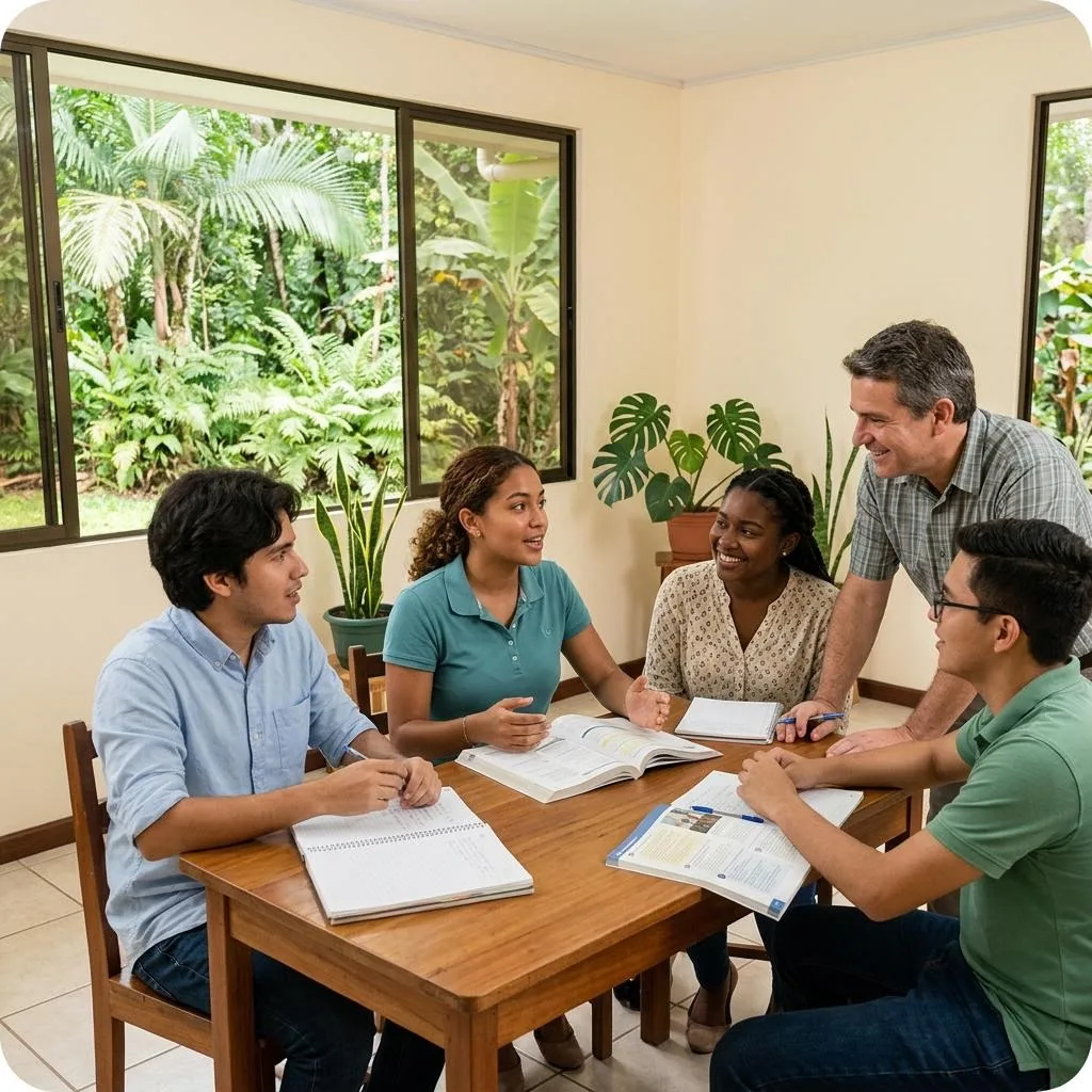 Escena ilustrativa de estudiantes practicando conversación con su profesor en un aula tropical
