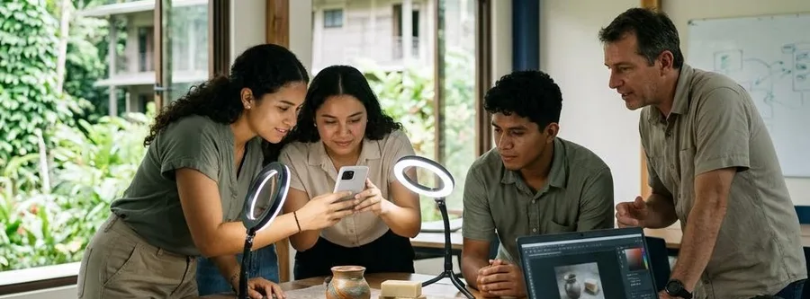 Escena ilustrativa de formación en Técnico en Marketing Digital, en un entorno inspirado en Costa Rica