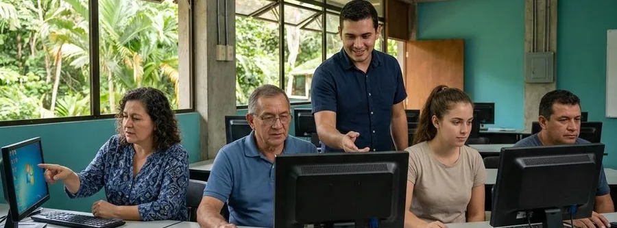 Escena ilustrativa de formación en Operador de Computadoras, en un entorno inspirado en Costa Rica