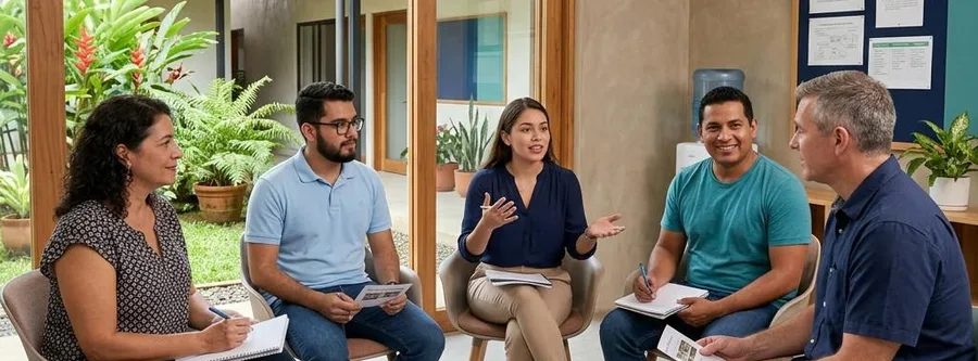 Escena ilustrativa de formación en Relaciones Humanas, en un entorno inspirado en Costa Rica