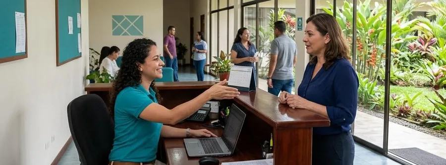 Escena ilustrativa de formación en Servicio al Cliente, en un entorno inspirado en Costa Rica