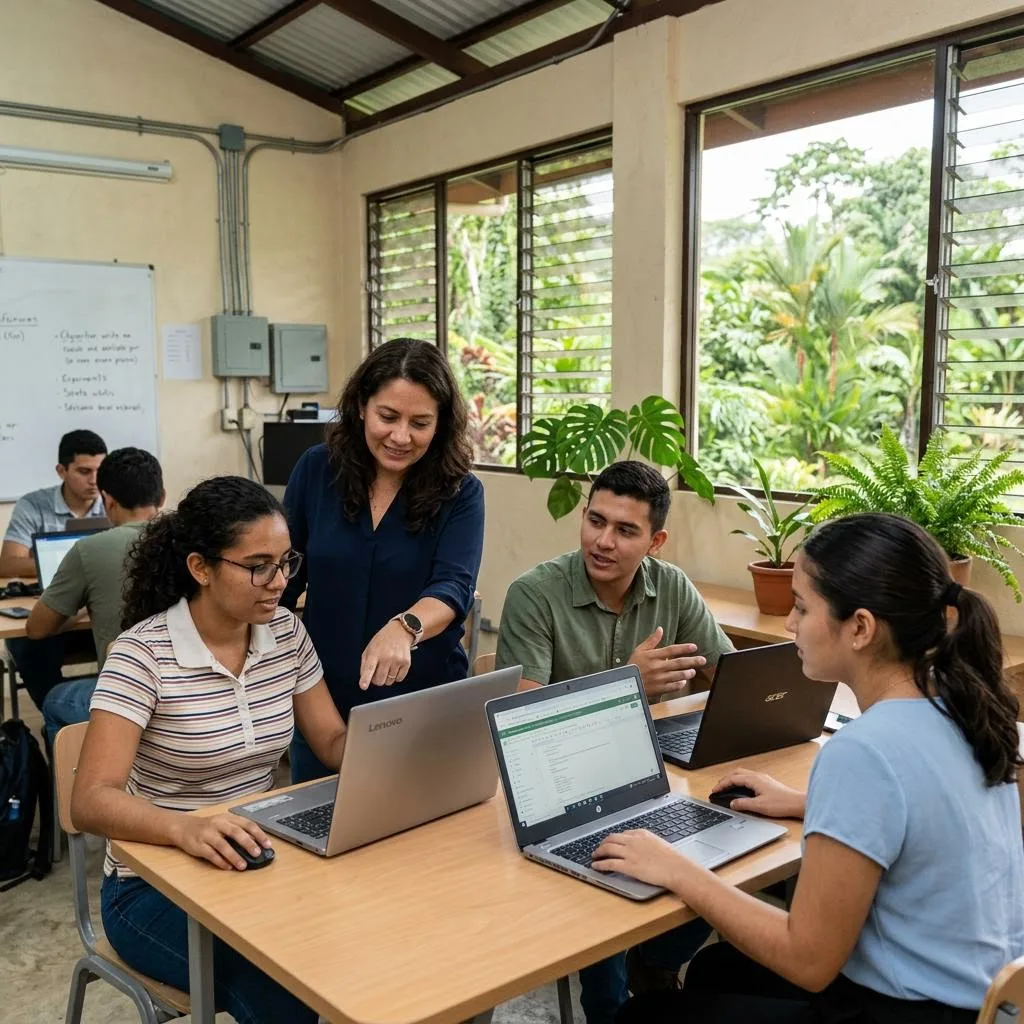 Escena ilustrativa de estudiantes trabajando con computadoras en un aula luminosa con vegetación exterior