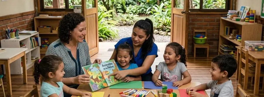 Escena ilustrativa de formación en Técnico en Asistente Preescolar, en un entorno inspirado en Costa Rica